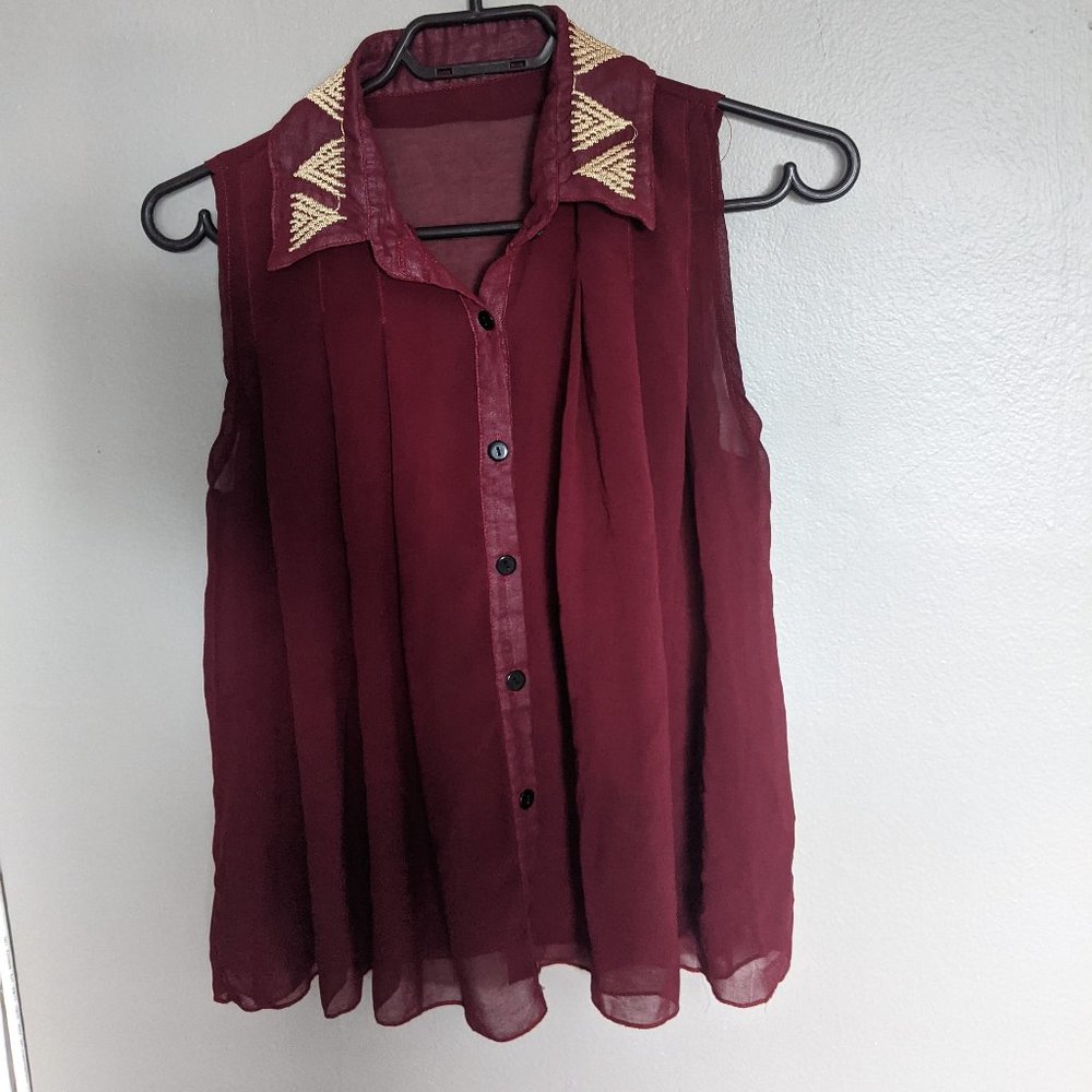 Burgandy Red Sheer Button Up Vest w Collar Detail